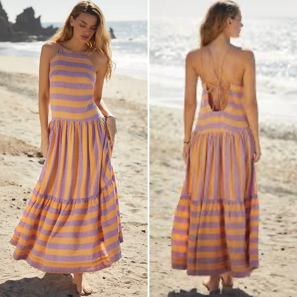 Anthropologie Dresses & Skirts - By Anthropologie Grommet Halter Stripe Linen Maxi Dress Lilac & Peach Size Large